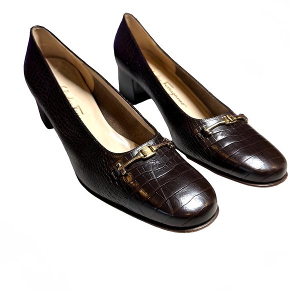 Salvador Ferragamo Brown Crocodile Print Horsebit Slip On Heels 9B - Picture 6 of 15